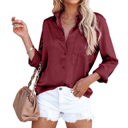 Satin Long Sleeve V Neck Office Business Shirt Women - Holy Mango Store