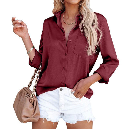 Satin Long Sleeve V Neck Office Business Shirt Women - Holy Mango Store