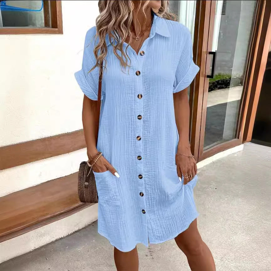 Solid Color Mid‑Length Shirt Dress