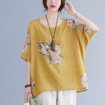 Women's Korean Cotton Linen Summer Top – Printed Half Sleeve