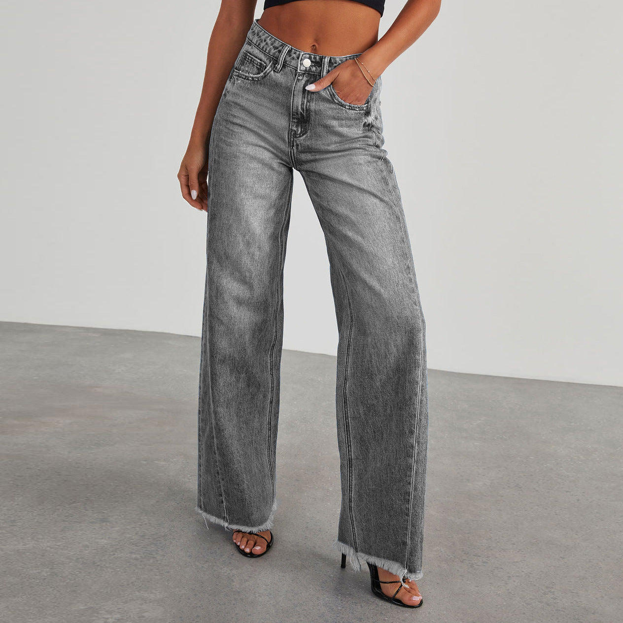 Women’s High Waist Straight Jeans – Wide-Leg Fit with Pockets