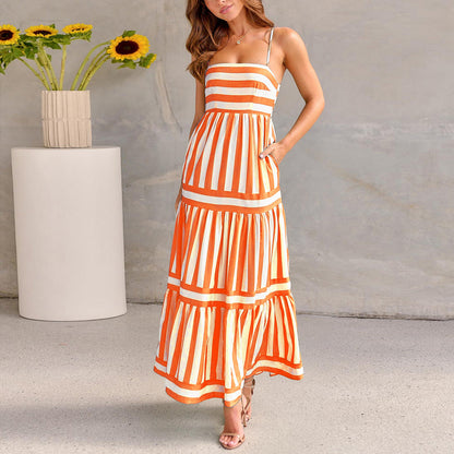 Striped Suspender Maxi Dress with Pockets