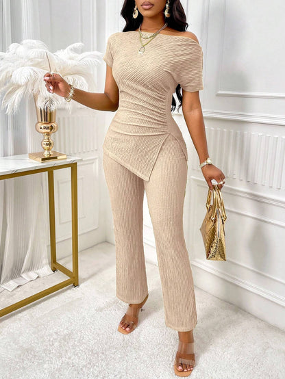 Neck Split Hem Ruched Top & Flare Leg Pants – Effortless Style with a Chic Twist