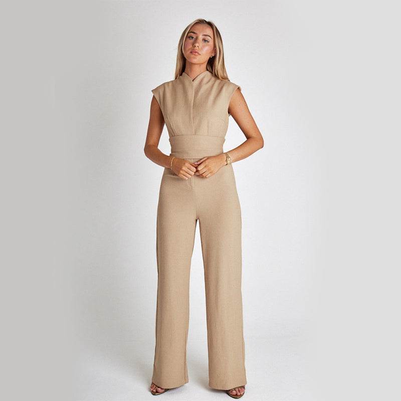 Fashion Elegant Long Sleeveless Jumpsuit Summer V-neck Casual Wide Leg Long Overalls Clothing For Women - Holy Mango Store