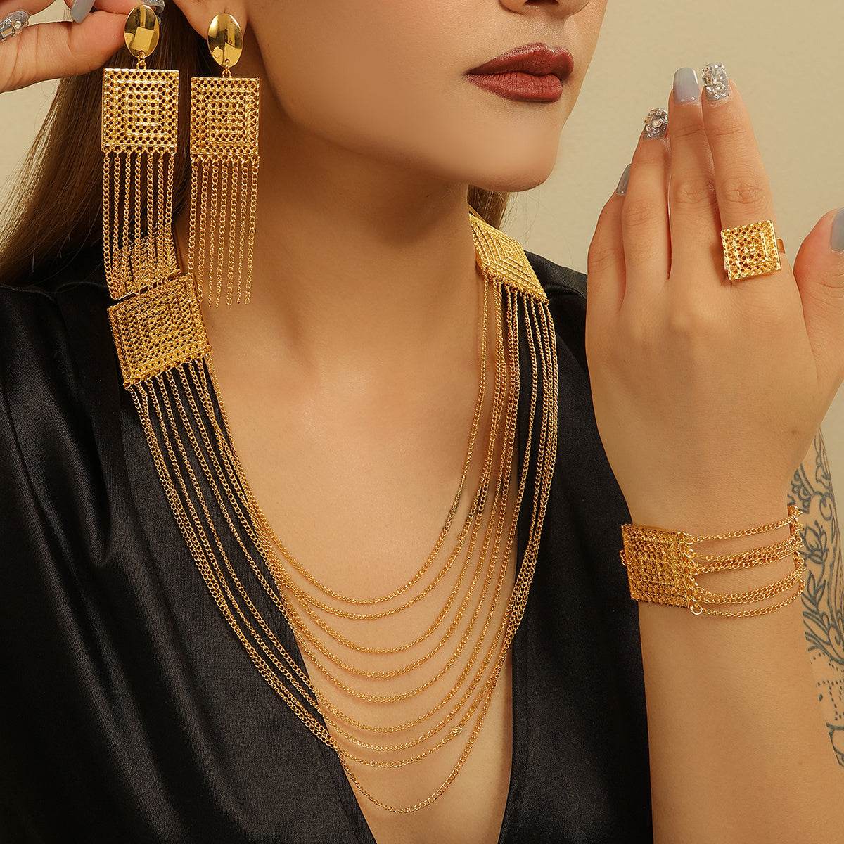 5pcs Fashion Ladies 18k Gold Plated Jewelry Set Tassel For Holiday Wear, Wedding Scene Jewelry, Multi-layered Temperament Wedding Jewelry - Holy Mango Store