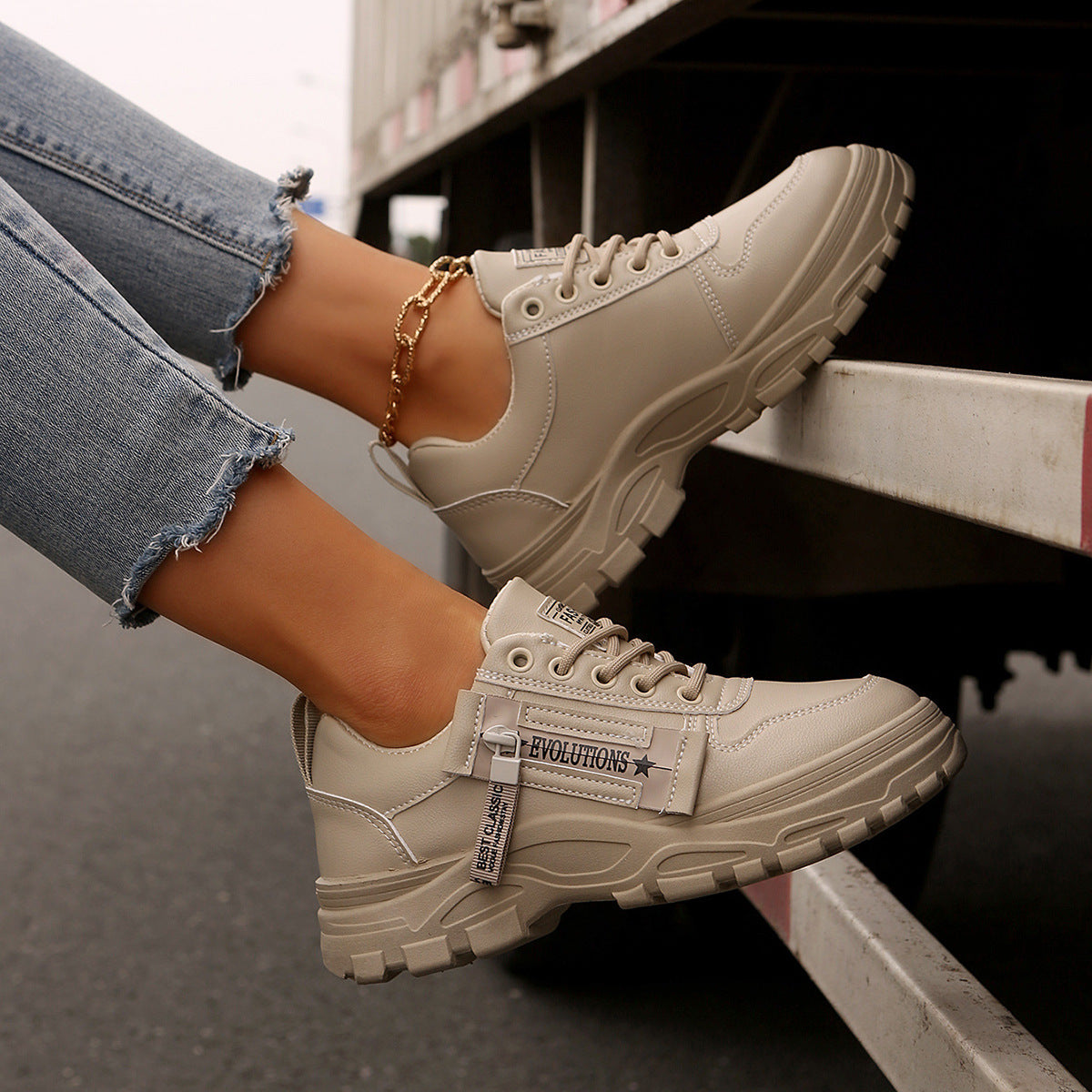 Stylish Women’s Sneakers – Lace-Up & Side Zipper | Trendy Thick-Soled Shoes