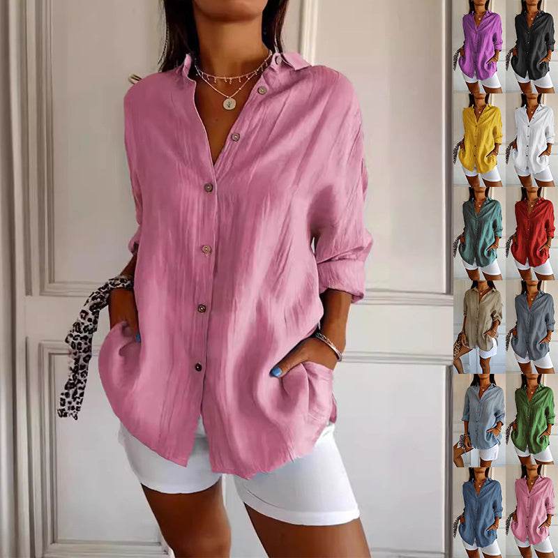 Lapel Long Sleeve Shirt Women's Single-breasted Pleated Shirt - Holy Mango Store