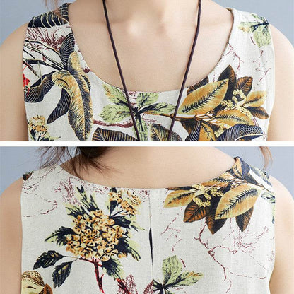 Printed Cotton Linen Round Neck Sleeveless Dress Women's - Holy Mango Store