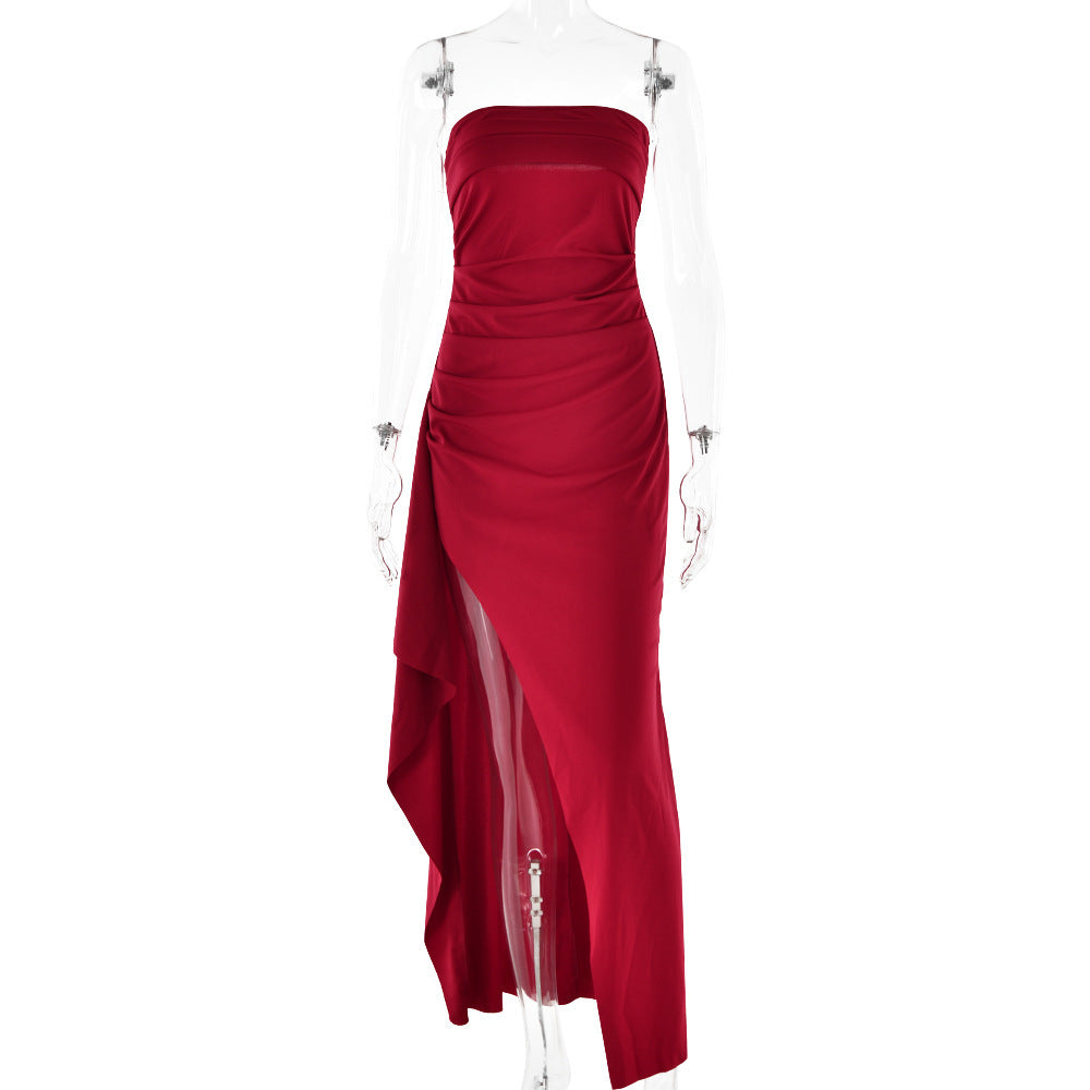 Strapless Split Pleated Maxi Dress