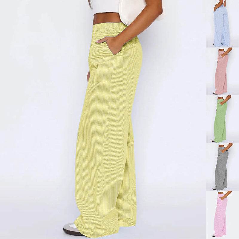 Striped Trousers With Pockets Ins Fashion Casual Wide Leg Straight Pants For Women Clothing - Holy Mango Store