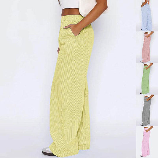 Striped Trousers With Pockets Ins Fashion Casual Wide Leg Straight Pants For Women Clothing - Holy Mango Store