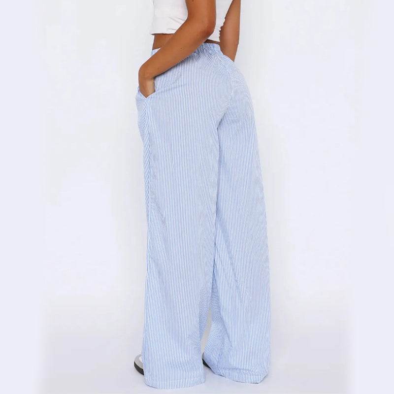 Striped Trousers With Pockets Ins Fashion Casual Wide Leg Straight Pants For Women Clothing - Holy Mango Store