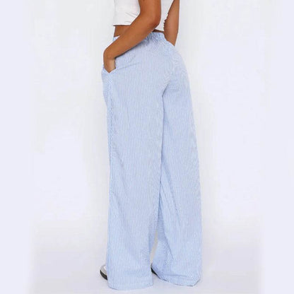 Striped Trousers With Pockets Ins Fashion Casual Wide Leg Straight Pants For Women Clothing - Holy Mango Store