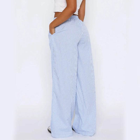 Striped Trousers With Pockets Ins Fashion Casual Wide Leg Straight Pants For Women Clothing - Holy Mango Store