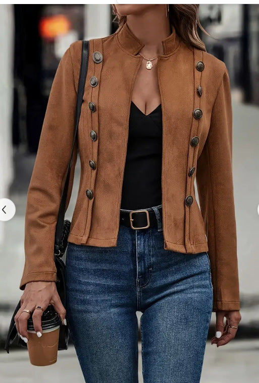 Women’s Retro Velvet Blazer – Double-Breasted Suede Jacket