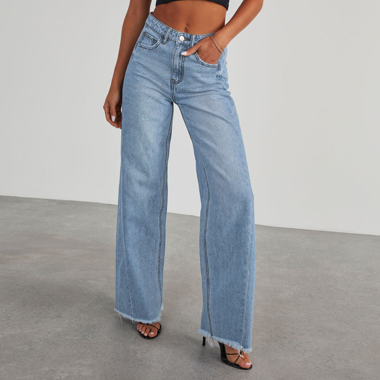 Women’s High Waist Straight Jeans – Wide-Leg Fit with Pockets