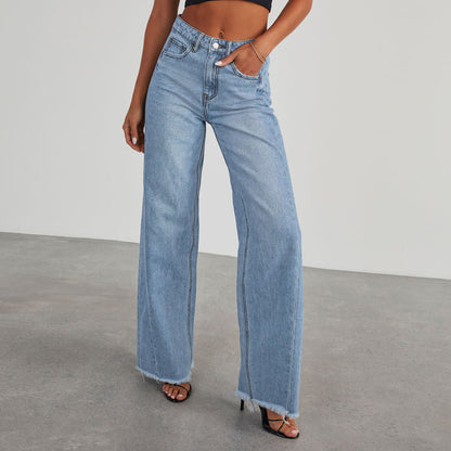 Women’s High Waist Straight Jeans – Wide-Leg Fit with Pockets