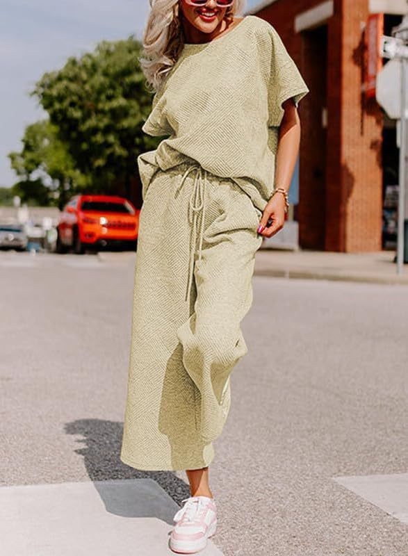 Solid Color Casual Two-Piece Set – Textured Top & Trousers for Women
