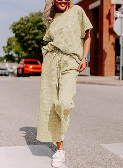 Solid Color Casual Two-Piece Set – Textured Top & Trousers for Women