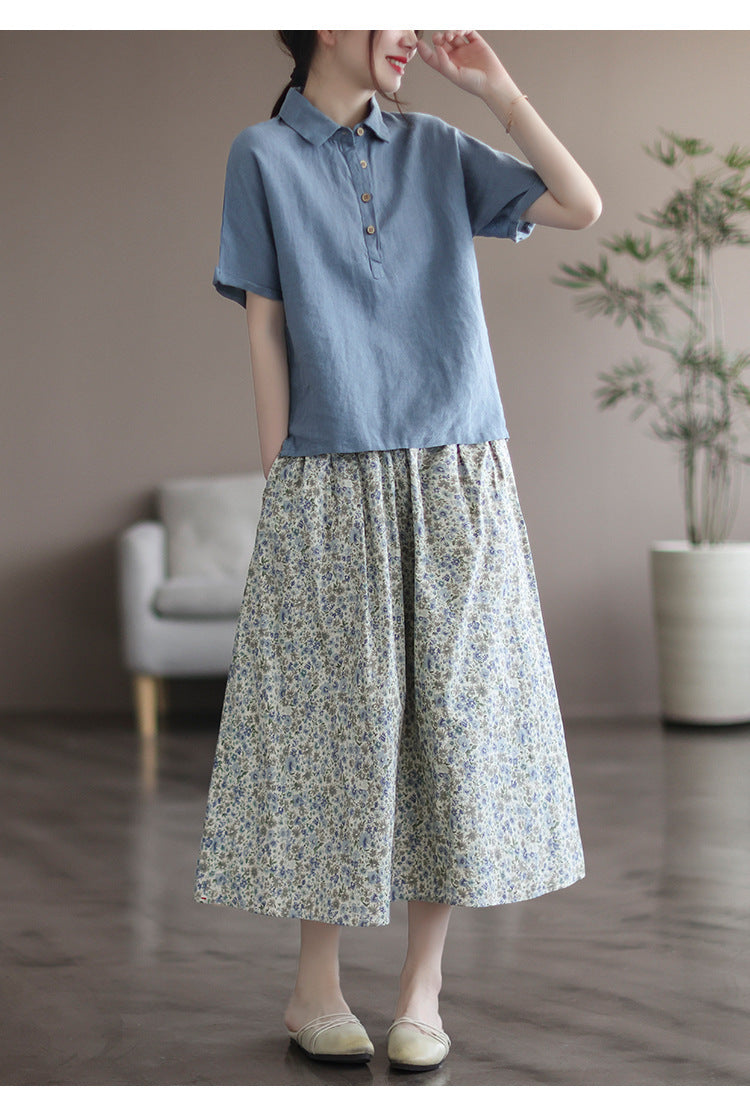 Women’s Floral Cotton Midi Skirt – Artistic Print A-Line