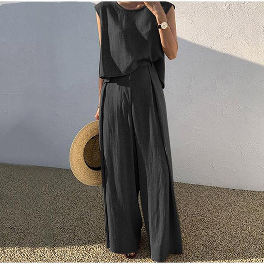 Women's Cotton Linen Two-Piece Set – Sleeveless Top & Pants