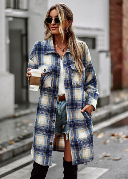 Women's Long Plaid Wool Cardigan – Lightweight Slim Fit Coat