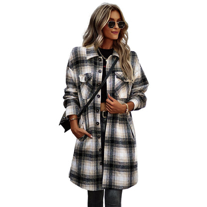 Women's Long Plaid Wool Cardigan – Lightweight Slim Fit Coat