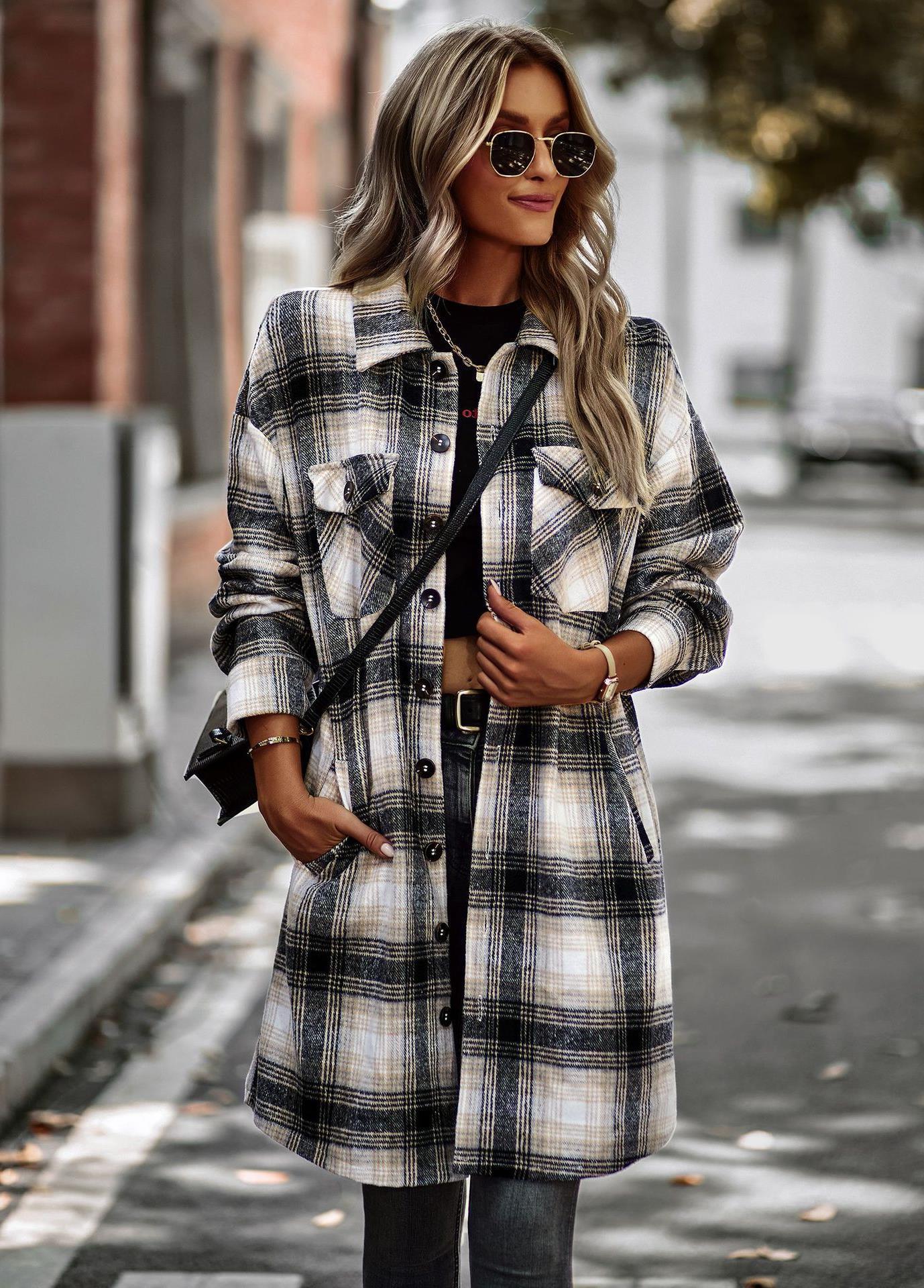 Women's Long Plaid Wool Cardigan – Lightweight Slim Fit Coat