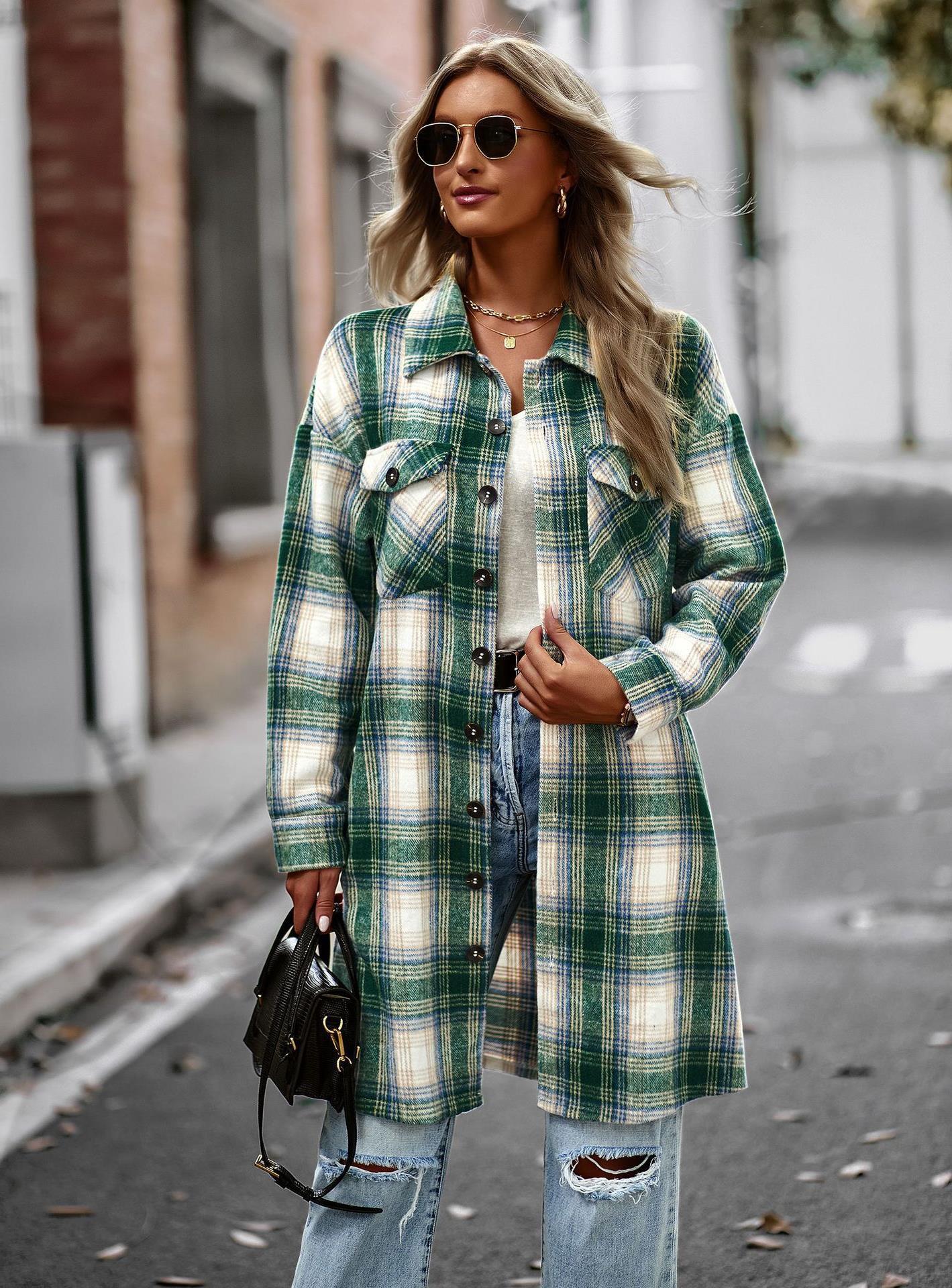 Women's Long Plaid Wool Cardigan – Lightweight Slim Fit Coat