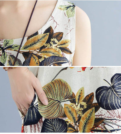 Printed Cotton Linen Round Neck Sleeveless Dress Women's - Holy Mango Store
