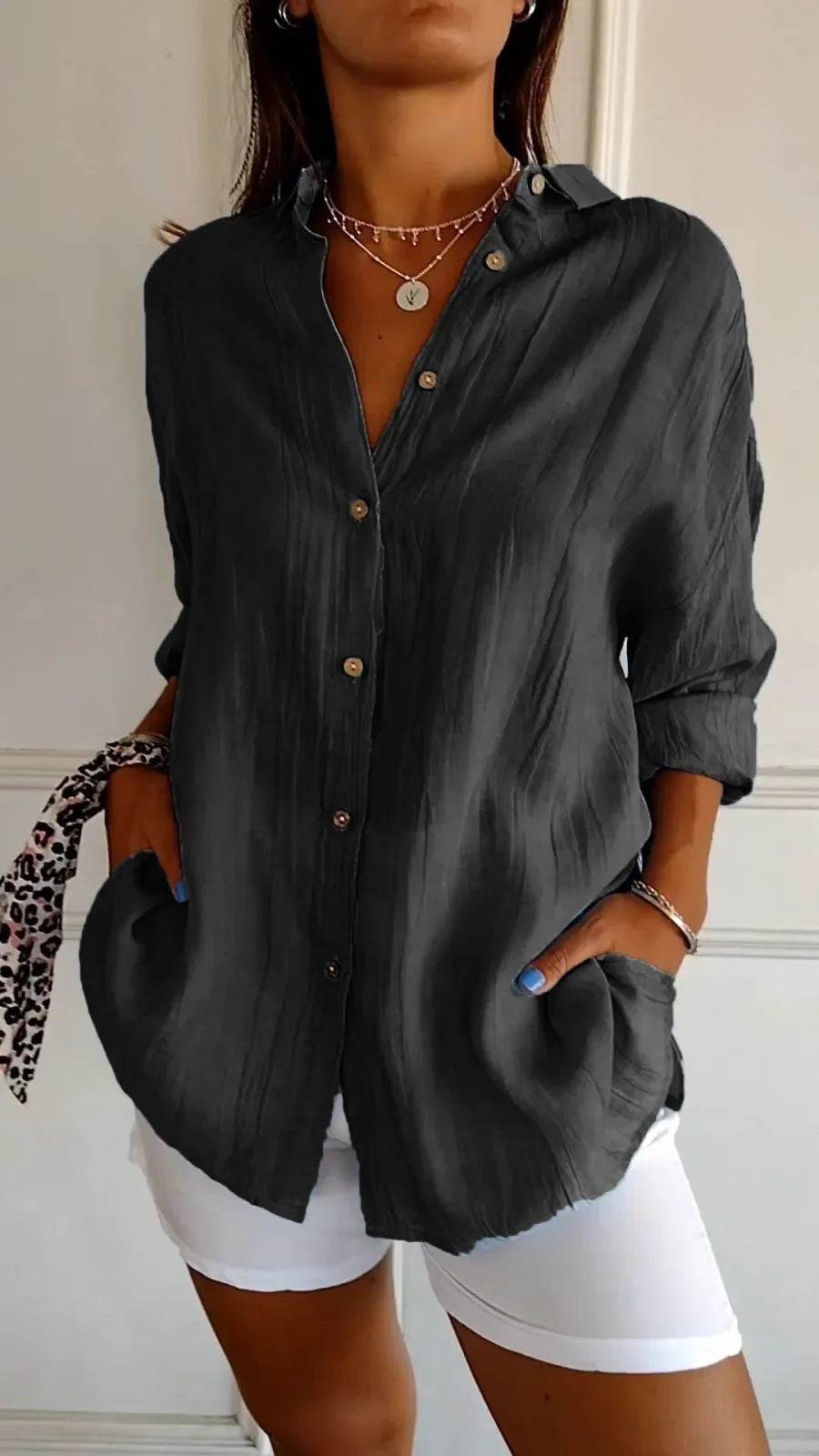Lapel Long Sleeve Shirt Women's Single-breasted Pleated Shirt - Holy Mango Store