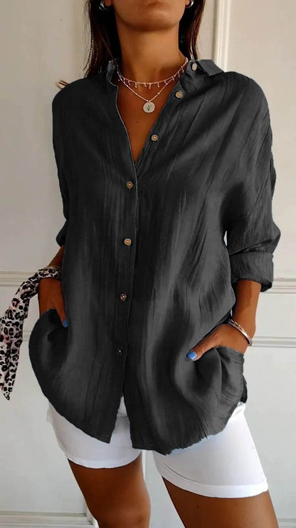Lapel Long Sleeve Shirt Women's Single-breasted Pleated Shirt - Holy Mango Store