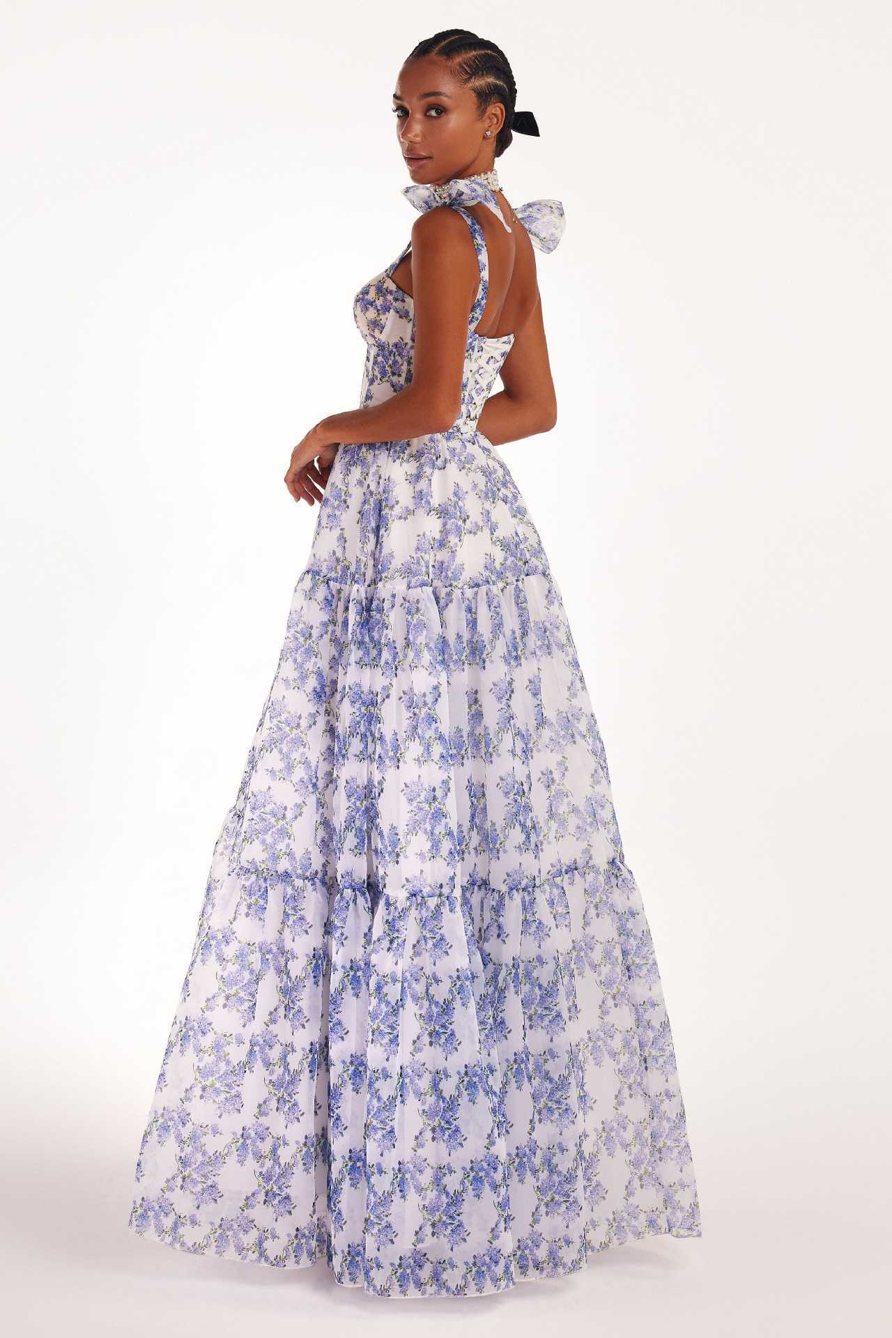 Floral Off‑Shoulder Lace‑Up Organza Swing Dress