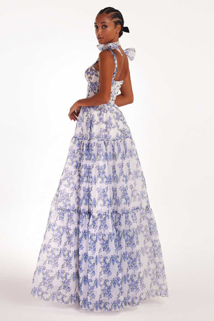 Floral Off‑Shoulder Lace‑Up Organza Swing Dress