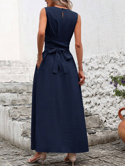 Twist-Waist Sleeveless Midi Dress
