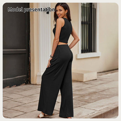 Solid Color Sleeveless Crop Top & Wide-Leg Pants Set – Effortless Everyday Style