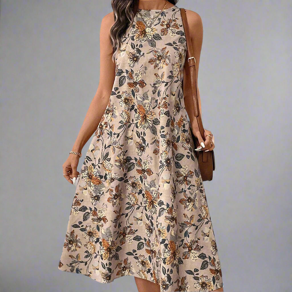 Retro Floral Sleeveless Midi Dress
