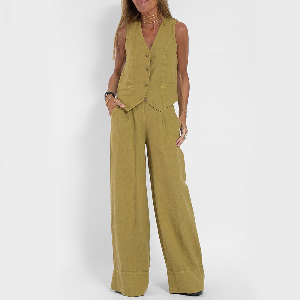 Conjunto de chaleco de verano para mujer: top sin mangas con cuello en V y pantalón holgado