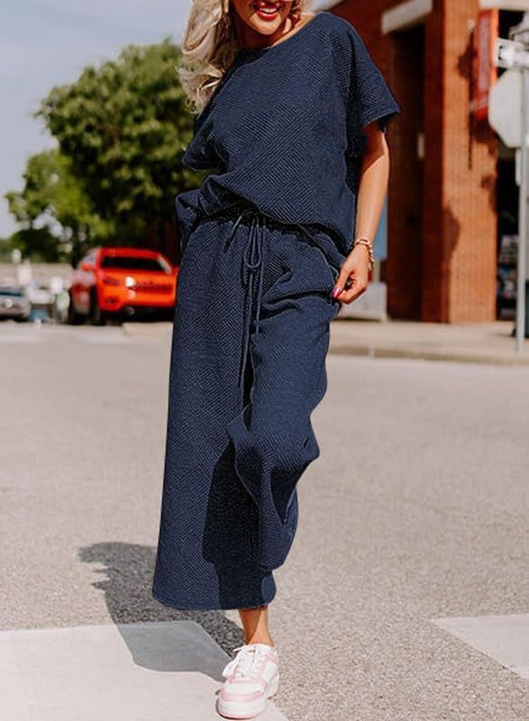 Solid Color Casual Two-Piece Set – Textured Top & Trousers for Women