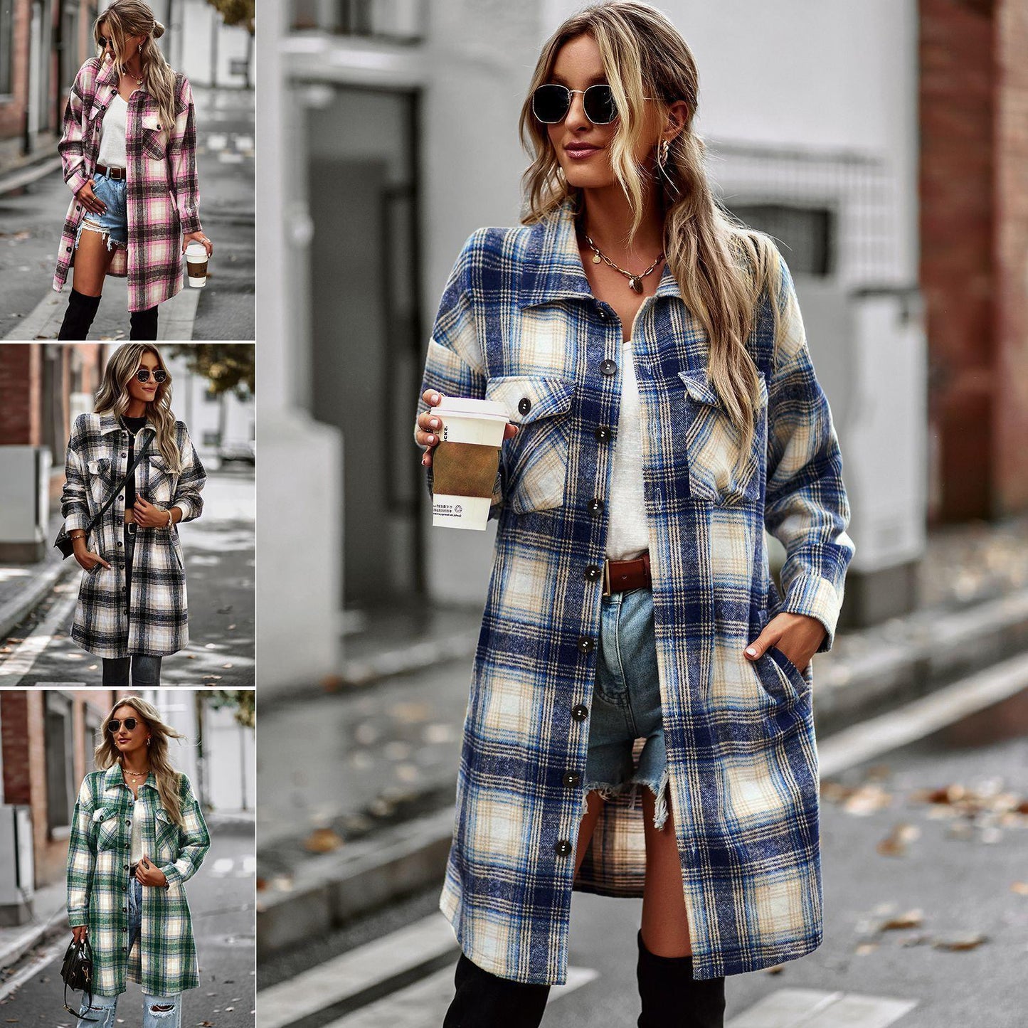 Women's Long Plaid Wool Cardigan – Lightweight Slim Fit Coat