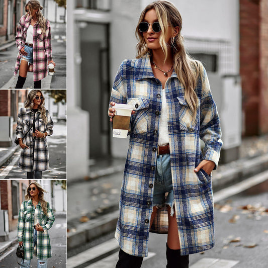 Women's Long Plaid Wool Cardigan – Lightweight Slim Fit Coat