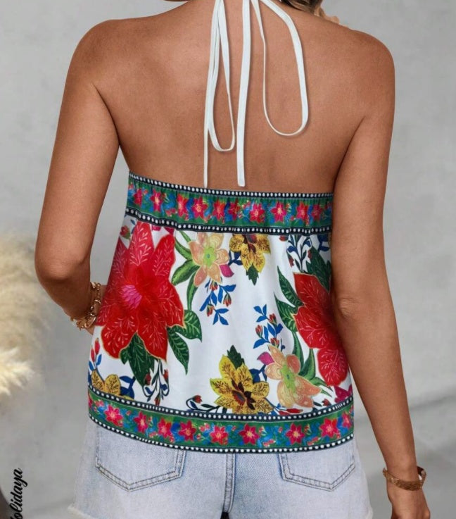 Boho Floral Tie-Front Halter Tank Top