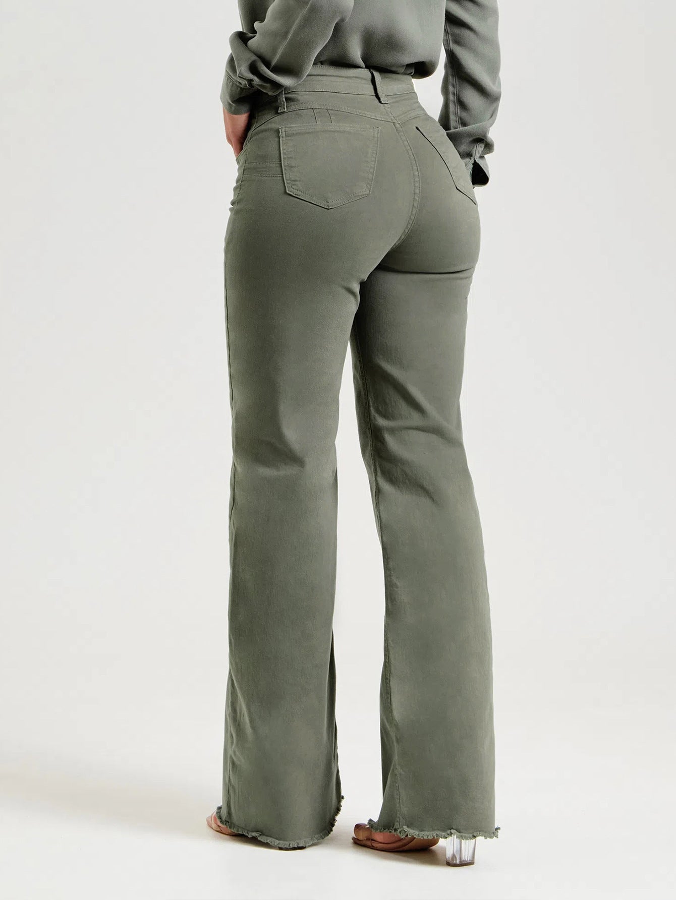 Women's Olive Green Flared Denim Pants – Stretch Slim Fit