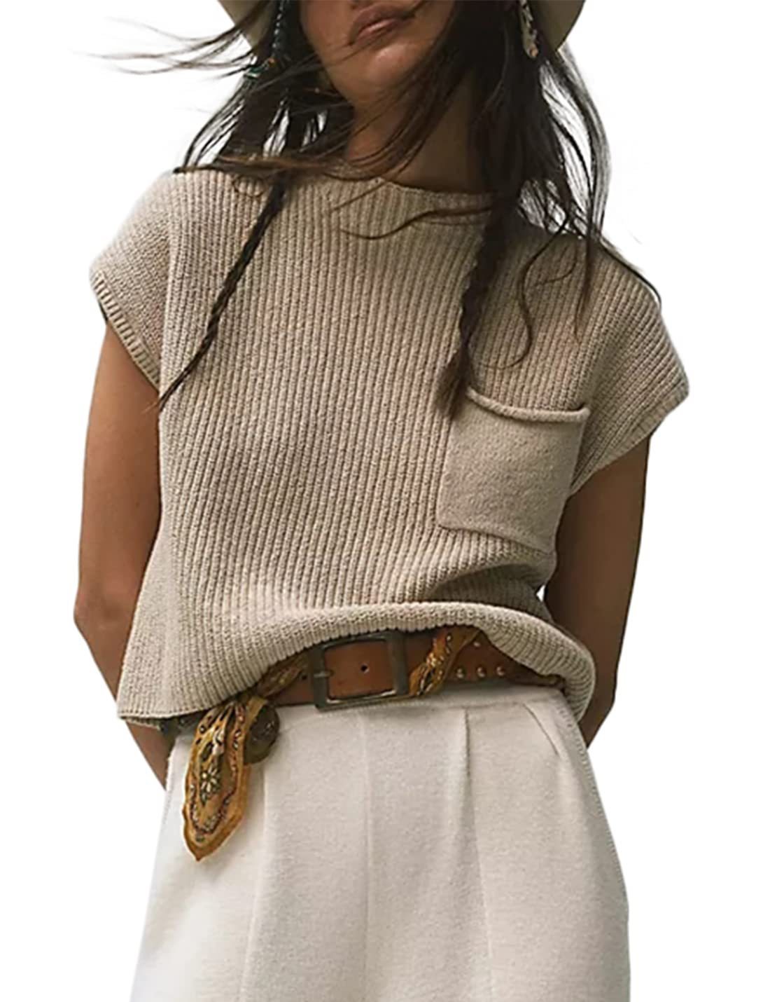 Women's Ribbed Knit Sleeveless Vest with Pocket