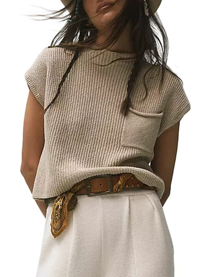 Women's Ribbed Knit Sleeveless Vest with Pocket