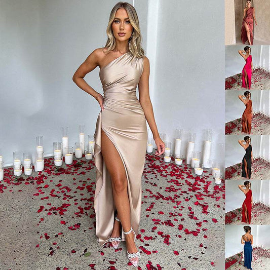 Sexy One-shoulder Backless Slit Dress Summer Elegant Slim-fit Solid Color Satin Dresses For Women - Holy Mango Store