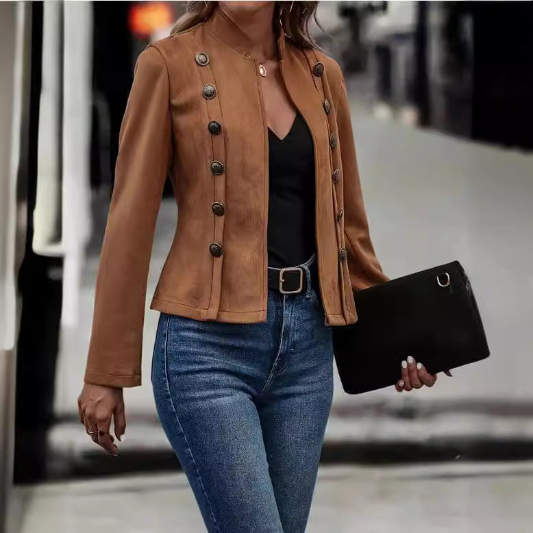 Women’s Retro Velvet Blazer – Double-Breasted Suede Jacket