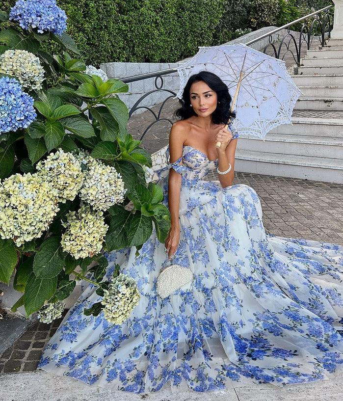 Floral Off‑Shoulder Lace‑Up Organza Swing Dress