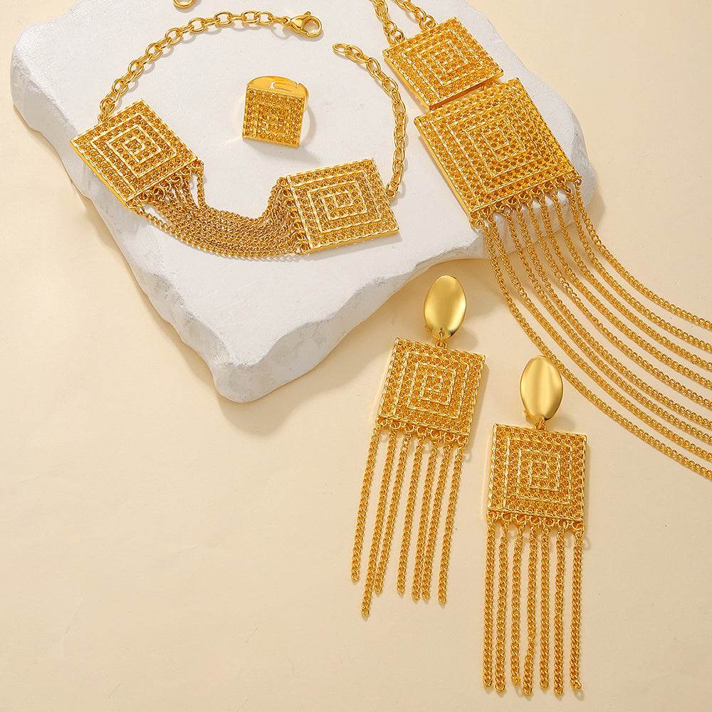 5pcs Fashion Ladies 18k Gold Plated Jewelry Set Tassel For Holiday Wear, Wedding Scene Jewelry, Multi-layered Temperament Wedding Jewelry - Holy Mango Store
