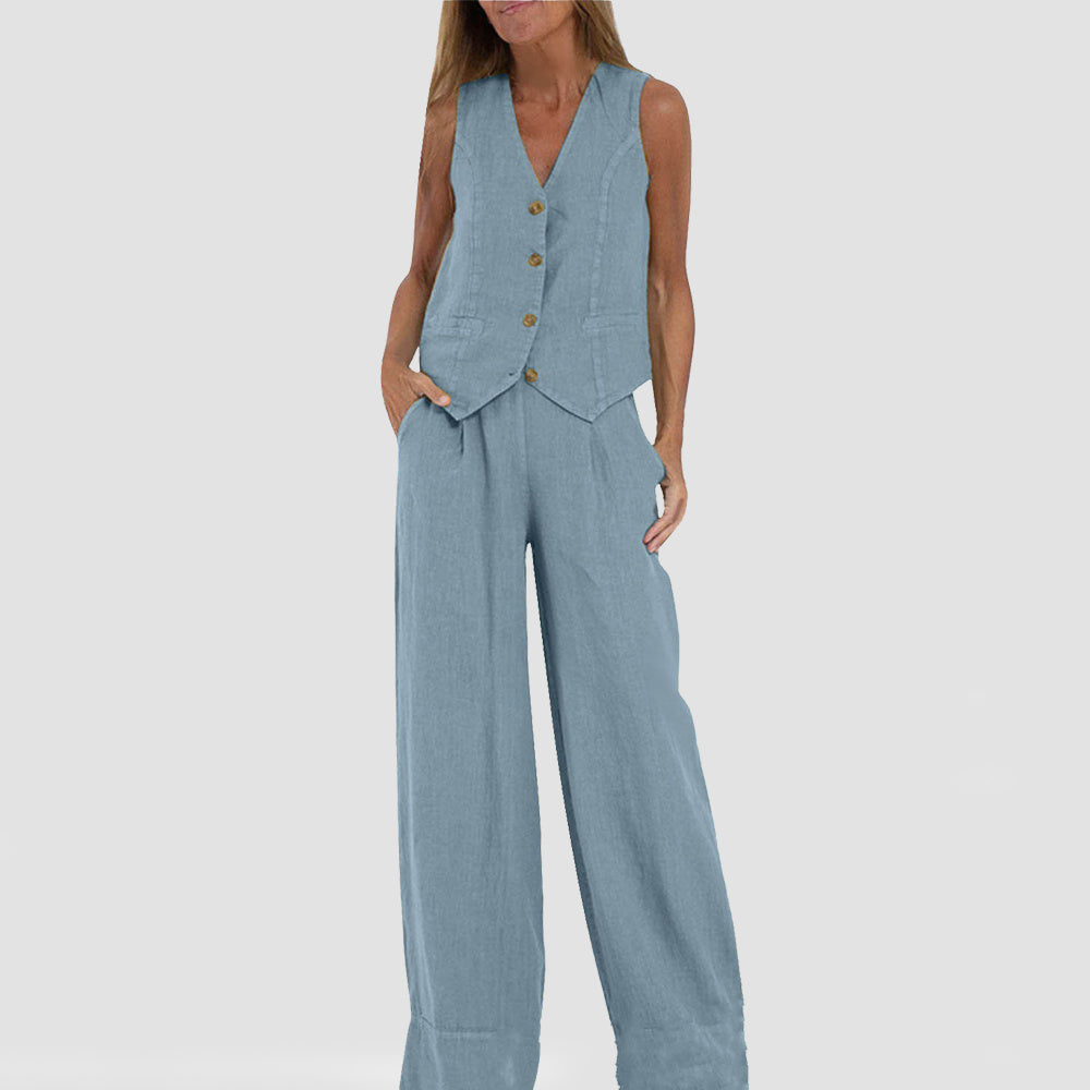 Conjunto de chaleco de verano para mujer: top sin mangas con cuello en V y pantalón holgado